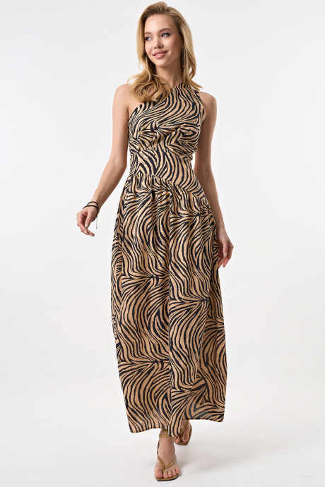 Платье летнее макси с открытой спиной из вискозы с animal принтом тигр